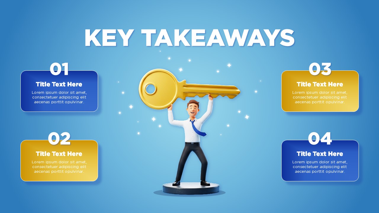 A 3D male character in business attire lifting a large golden key above his head surrounded by four numbered takeaway boxes.