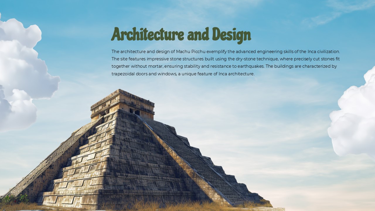 Plantilla de arquitectura de Machu Picchu: diapositiva de diseño con una antigua estructura piramidal y cielo azul.