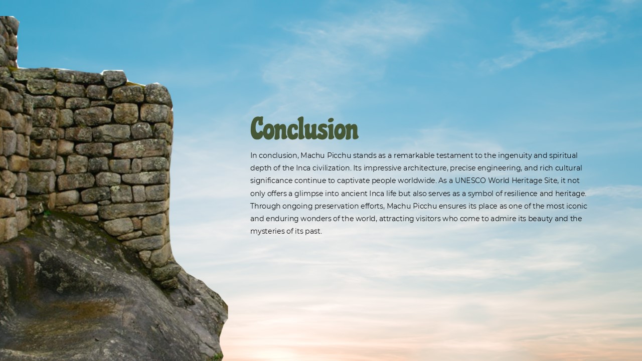 Plantilla de conclusión de Machu Picchu: diapositiva final con paredes de piedra precisas y texto de resumen.