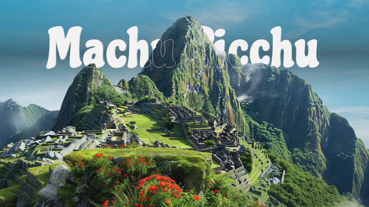 Plantilla de PowerPoint de Machu Picchu: diapositiva de título limpia con fondo de paisaje montañoso.
