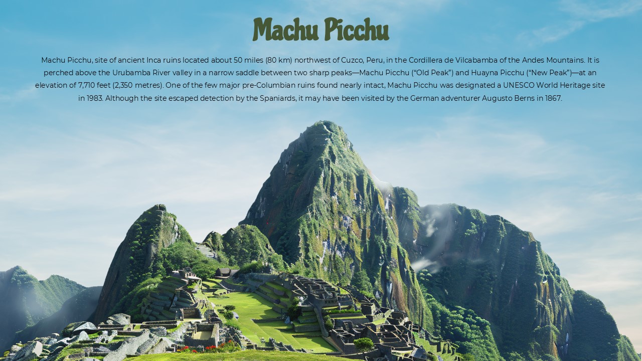 Plantilla de Google Slides de Machu Picchu: diapositiva con información histórica y diseño de texto a dos columnas.