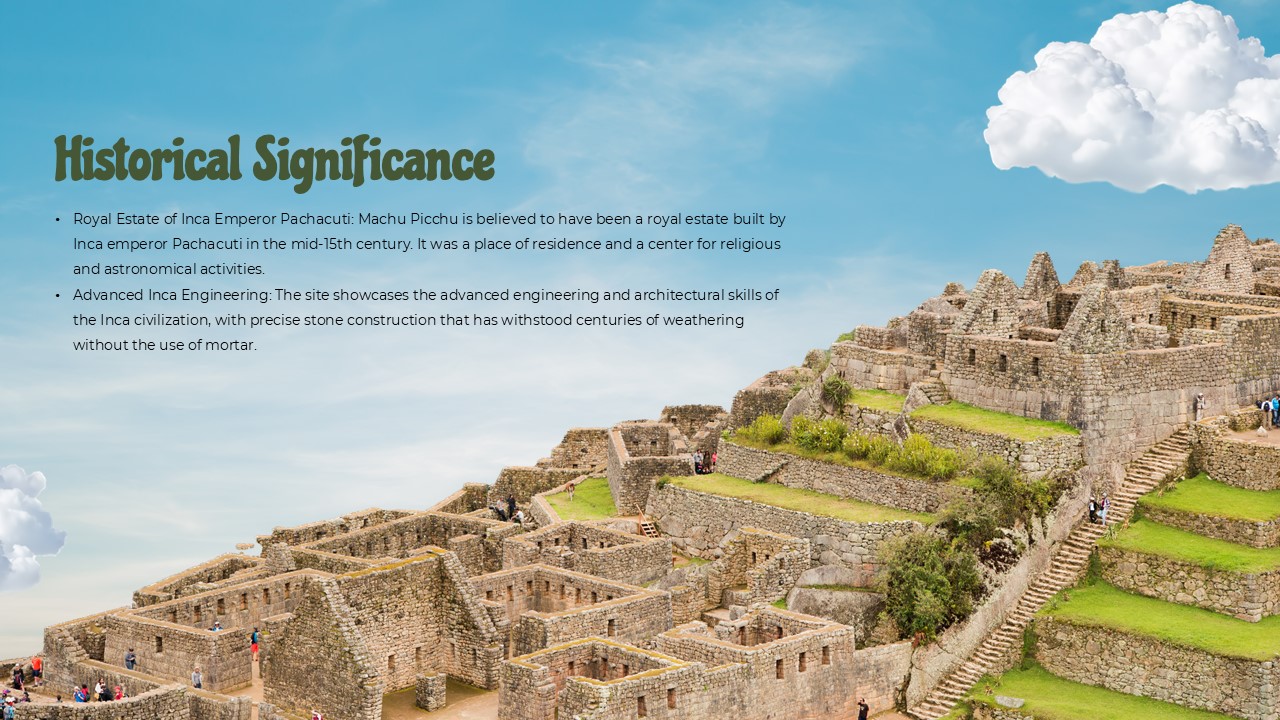 Plantilla de presentación de Machu Picchu: diapositiva sobre la importancia histórica con ruinas de piedra y viñetas.