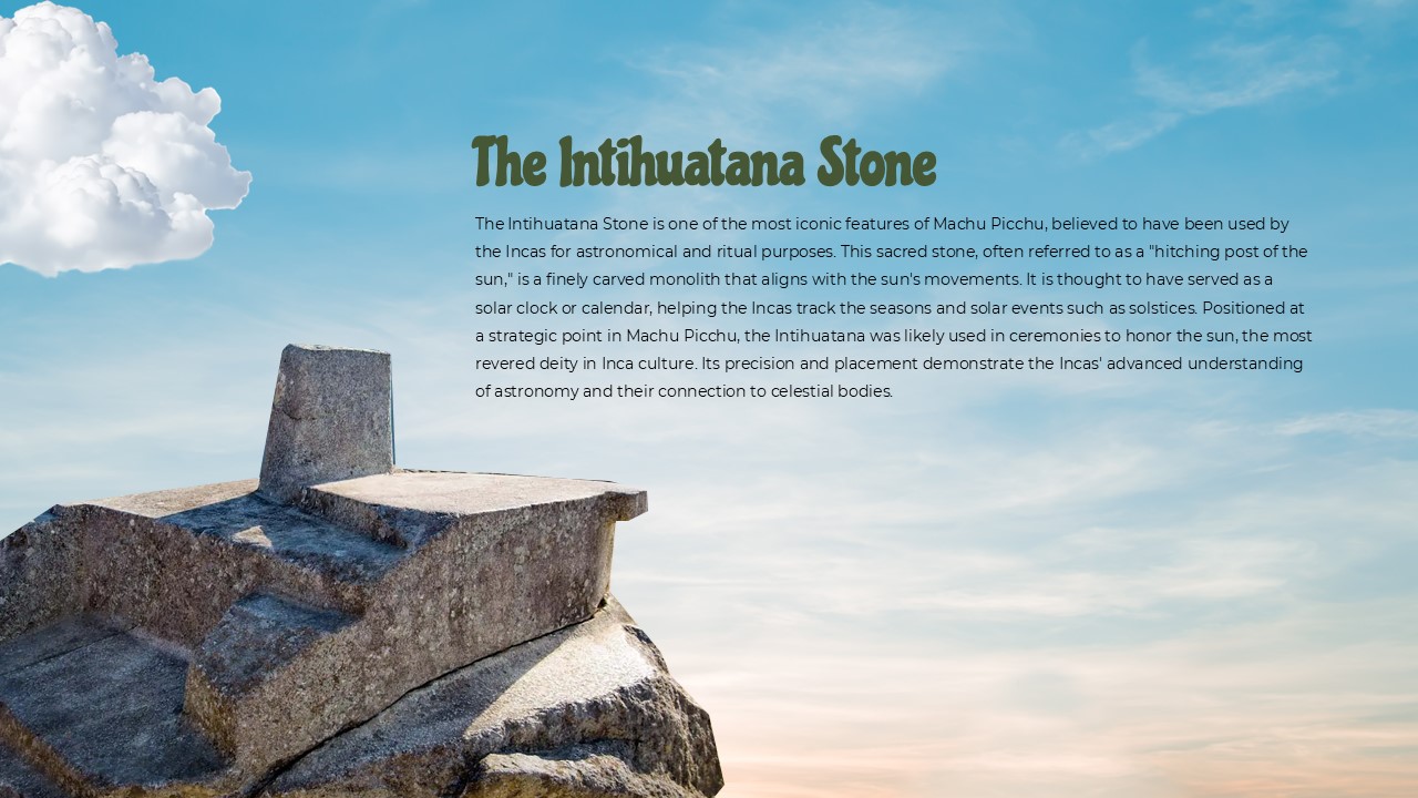 Plantilla Machu Picchu Intihuatana - Diapositiva sobre artefactos de piedra con fondo de puesta de sol y contenido educativo.
