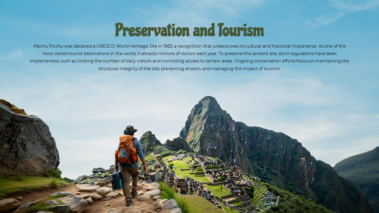 Plantilla de turismo de Machu Picchu - Diapositiva de conservación con un excursionista contemplando ruinas antiguas y montañas.