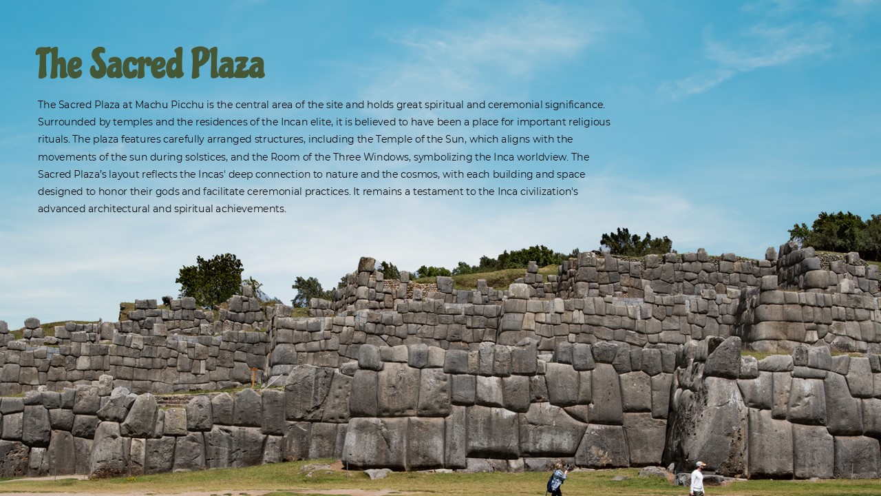 Plantilla de la Plaza Sagrada de Machu Picchu: diapositiva de contenido con muros de piedra y texto informativo detallado.