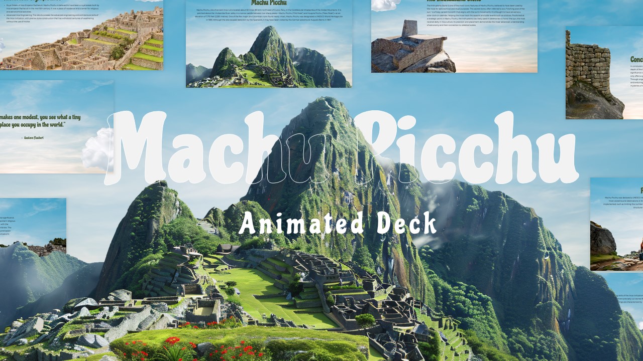 Machu Picchu Template - Animated cover slide with panoramic mountain vista and preview thumbnails