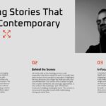 Magazine Template stories slide with numbered sections and portrait