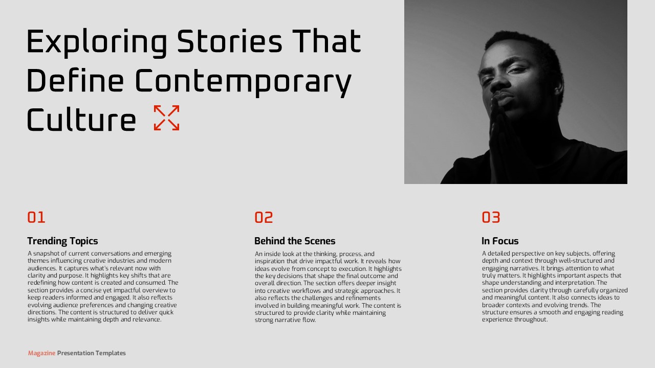 Magazine Template stories slide with numbered sections and portrait