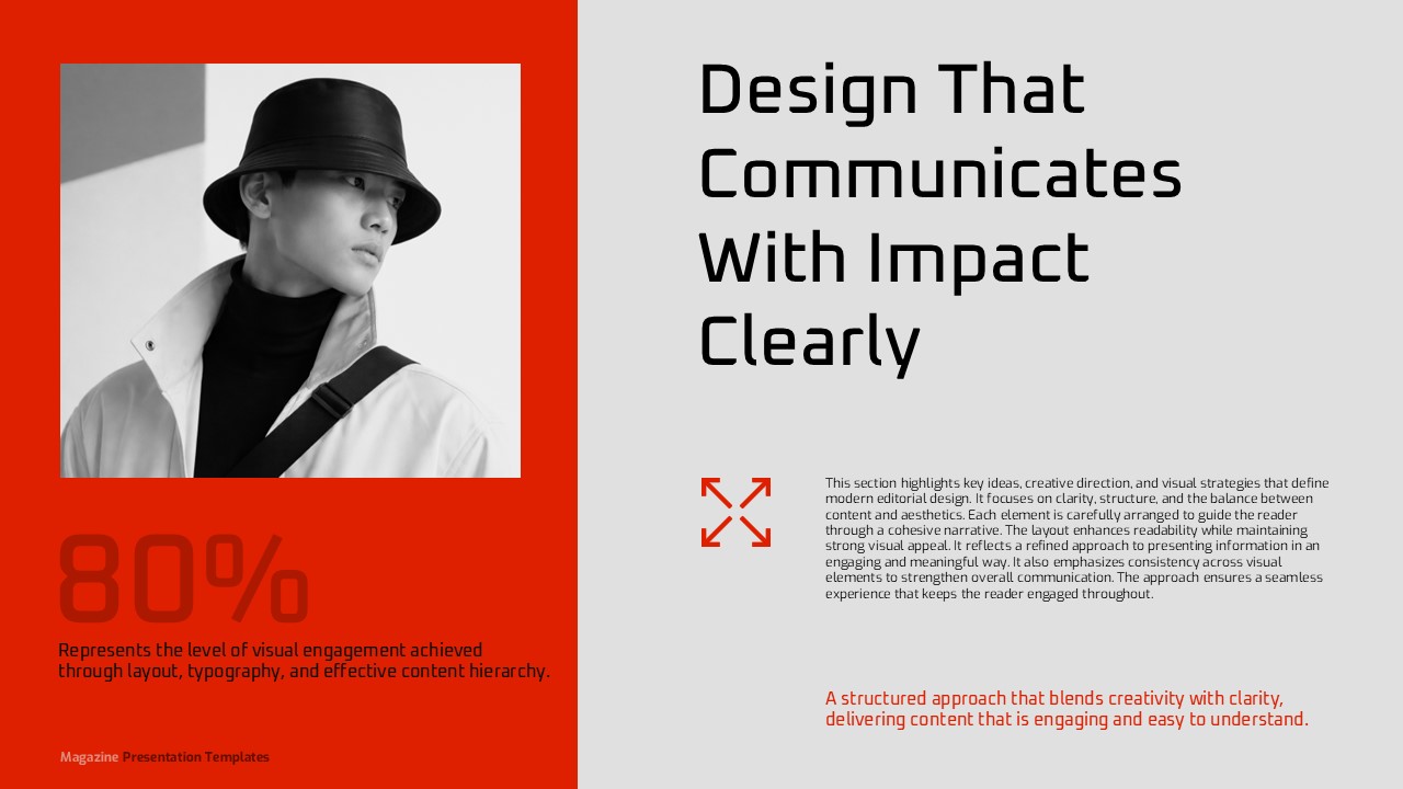 Magazine Template design slide with red background and fashion photo