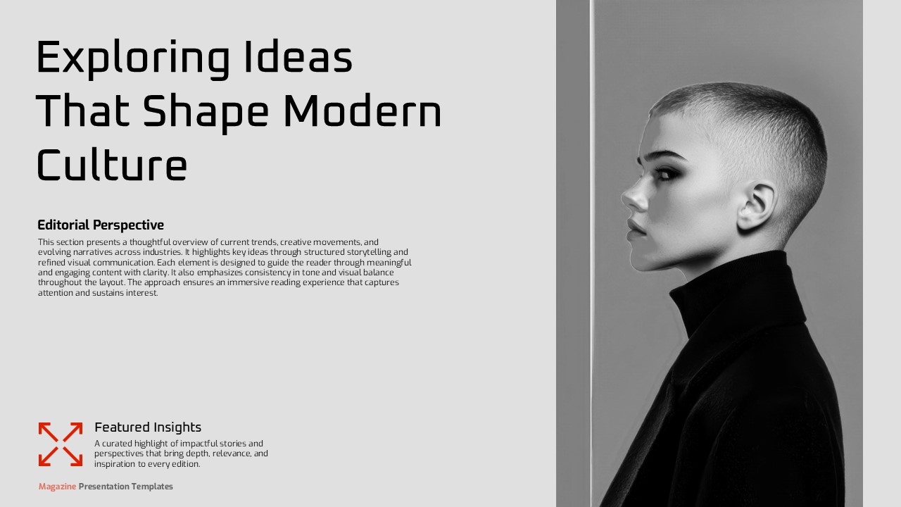 Magazine Template culture slide with portrait and editorial text
