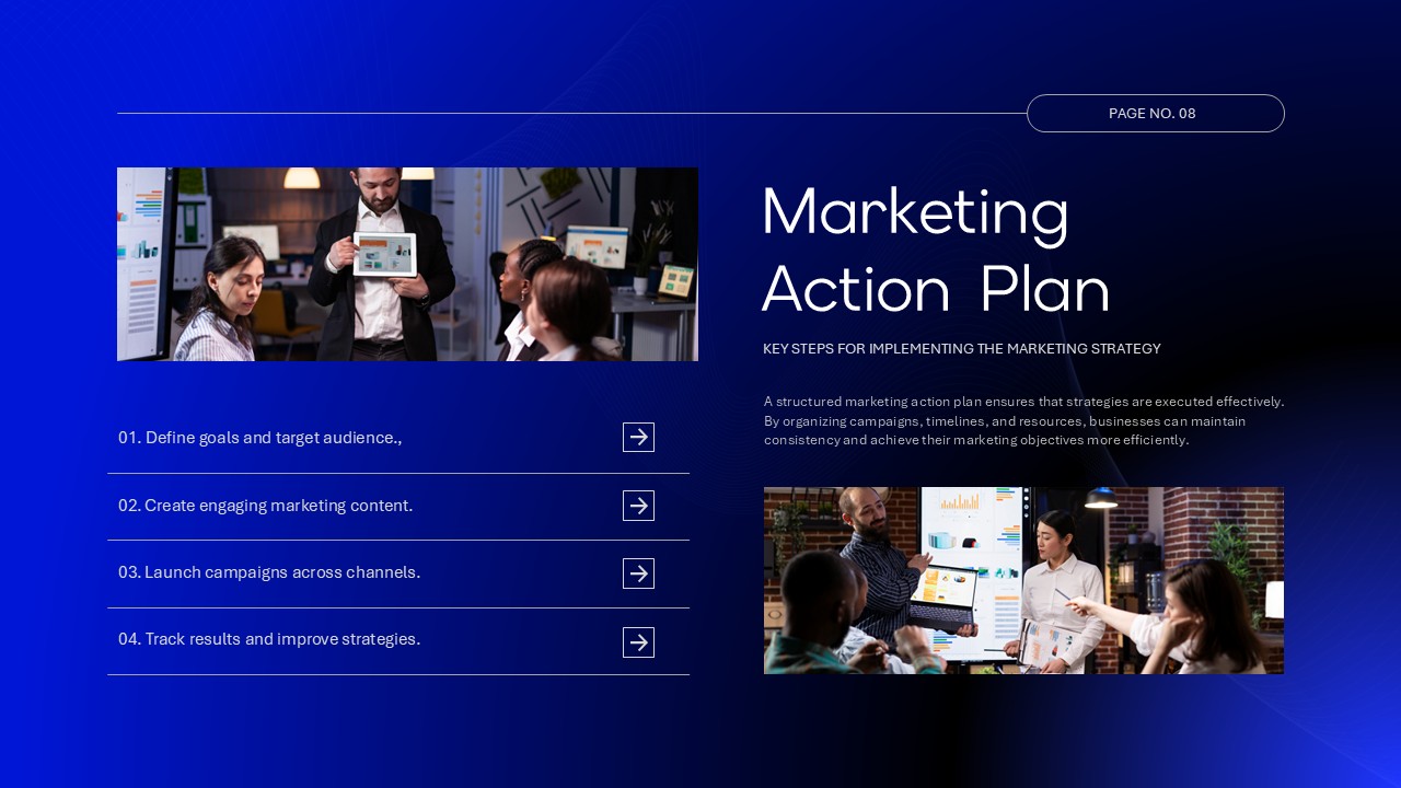 Marketing Plan Template - Action plan slide with four-step process flow and business meeting photos