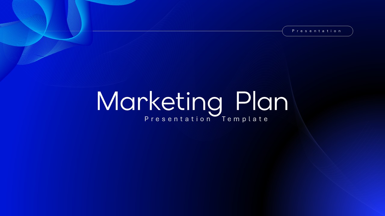 Marketing Plan Google Slides Template - Clean title slide with blue flowing curves and centered text layout