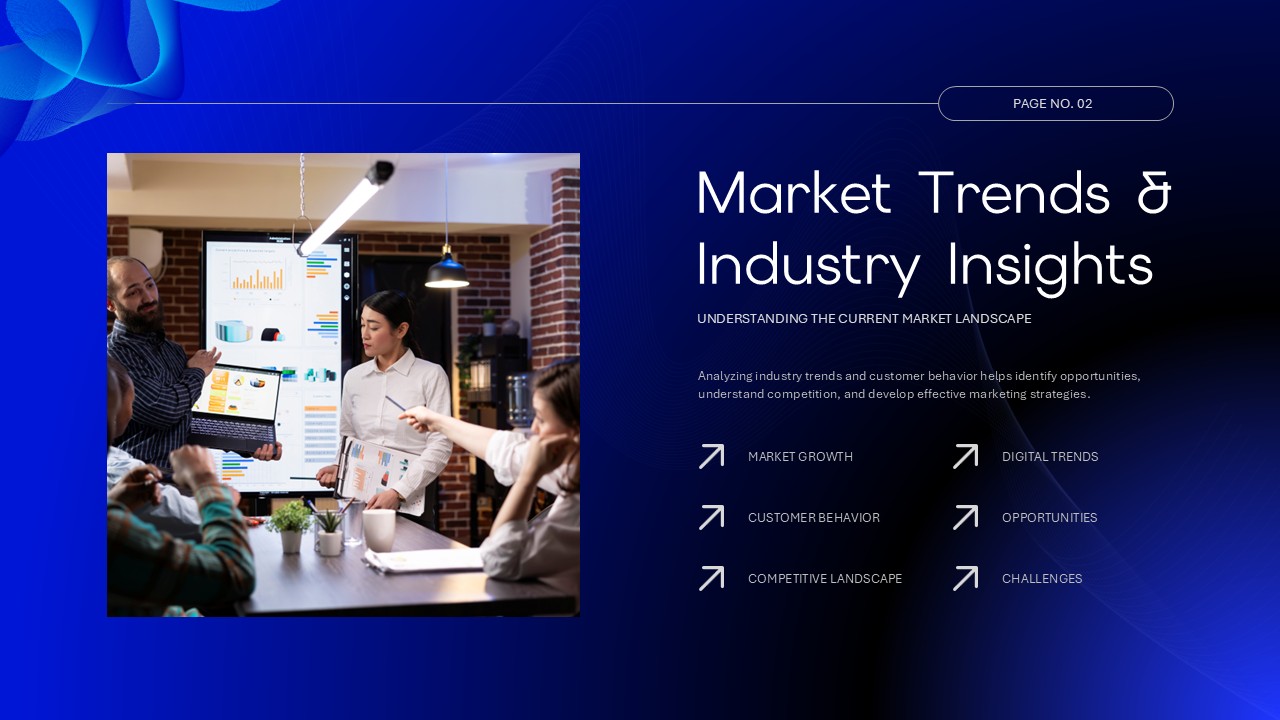 Marketing Plan Template - Market trends analysis slide with industry insights and business meeting imagery