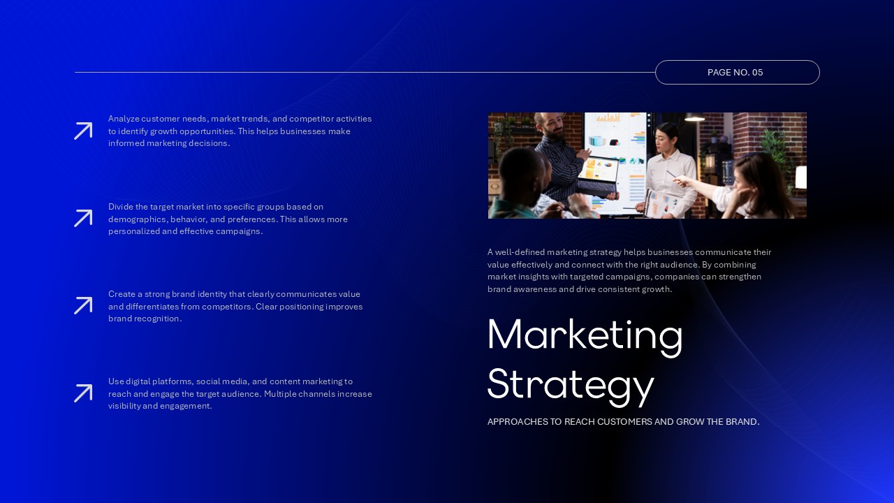 Marketing Plan Template - Strategy framework slide with four strategic points and team collaboration photo