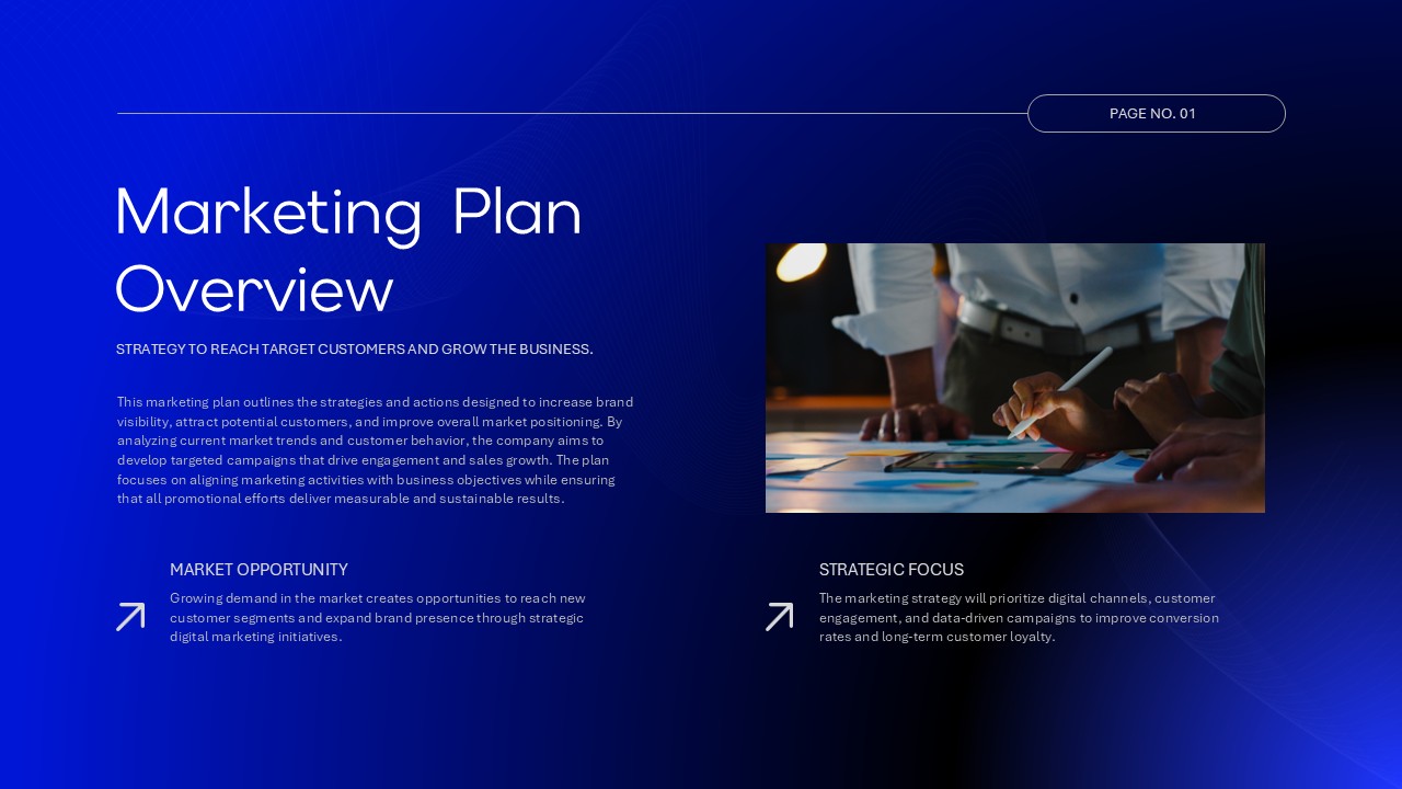Marketing Plan Strategy Template - Overview slide with market opportunity text and professional team meeting photo