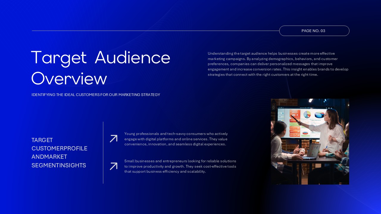 Marketing Plan Template - Target audience overview slide with customer segmentation and workspace photo