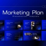 Marketing Plan Template - Professional overview slide showing 8 presentation thumbnails with blue gradient design