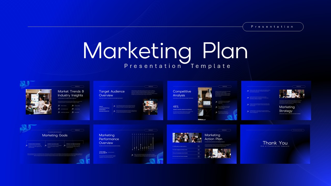 Marketing Plan Template - Professional overview slide showing 8 presentation thumbnails with blue gradient design