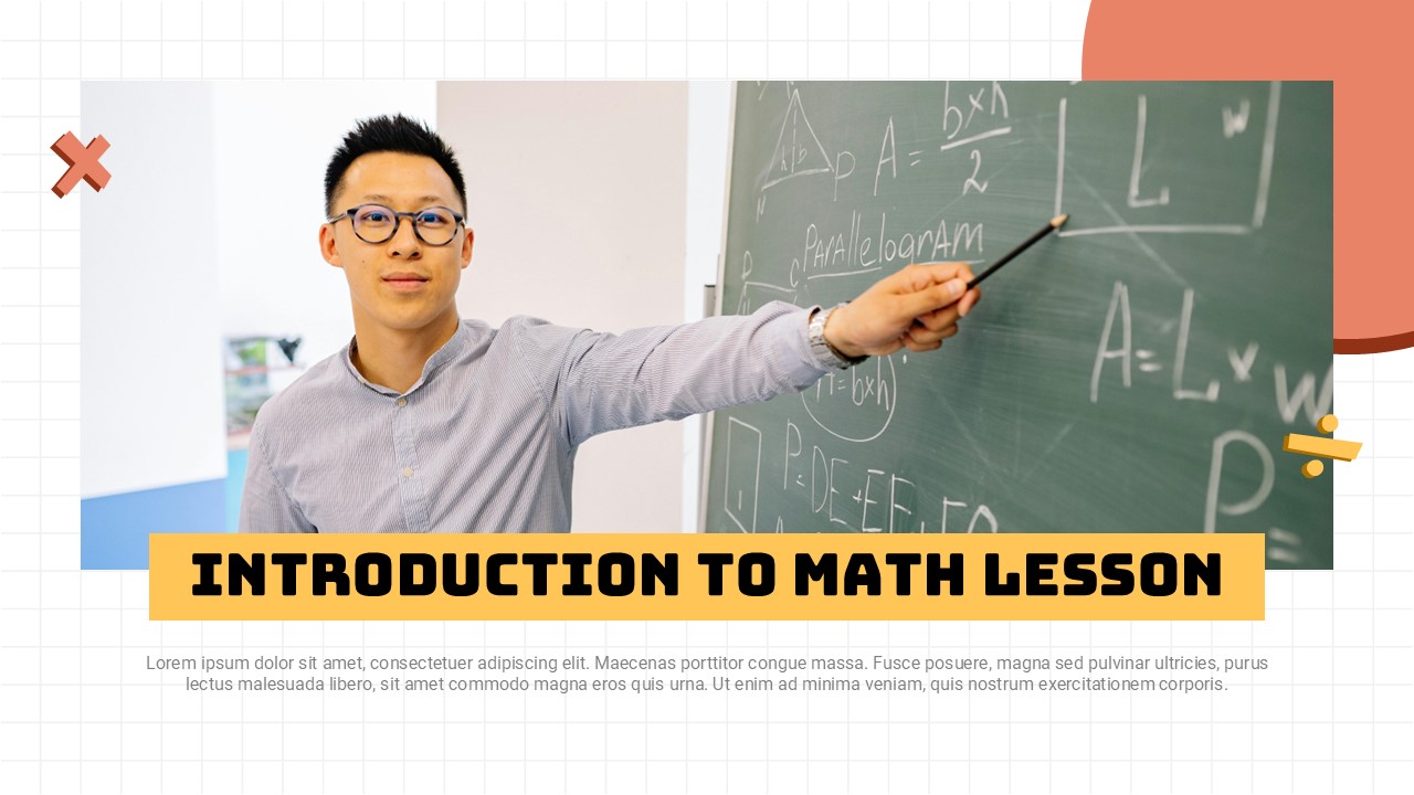 Math Lesson Introduction Template - Split layout balancing teacher portrait with welcoming lesson overview