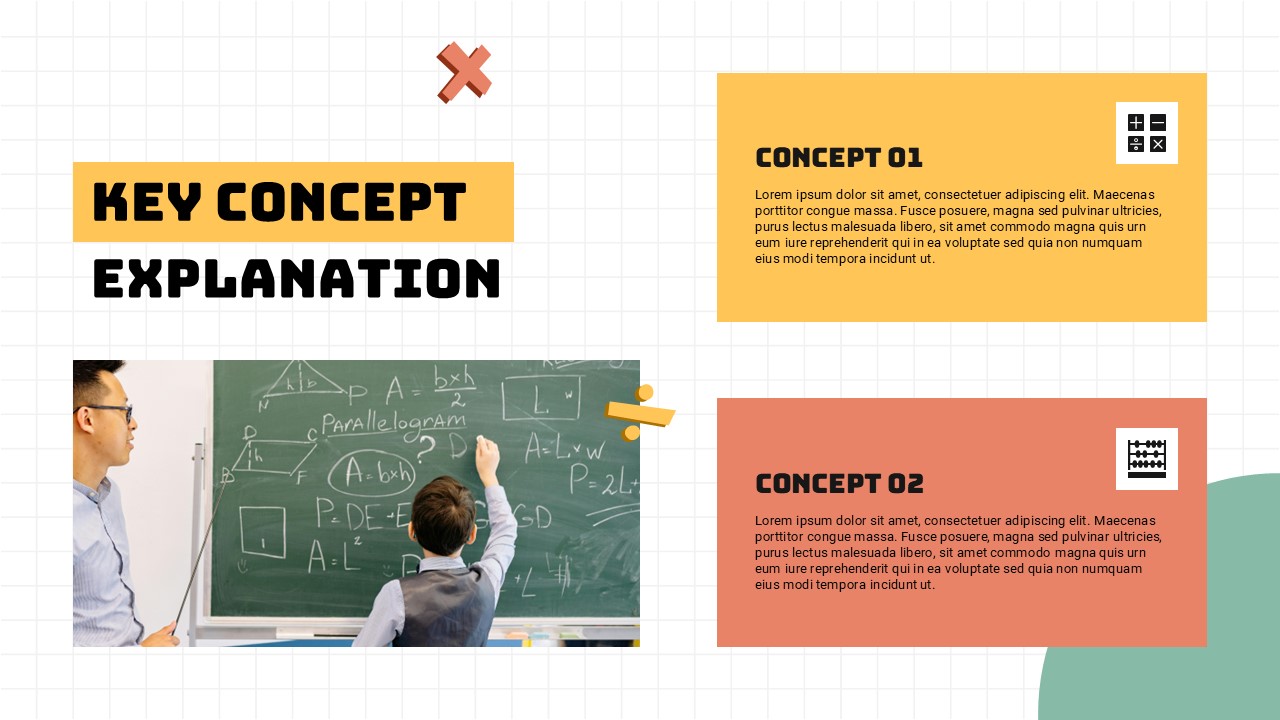 Math Key Concepts Template - Dual-concept layout with colorful boxes explaining mathematical principles