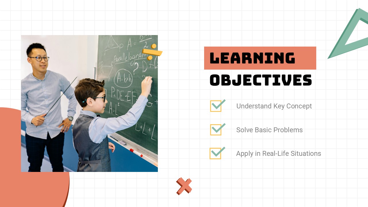 Math Learning Objectives Template - Classroom scene paired with three clear educational goals and checkmarks