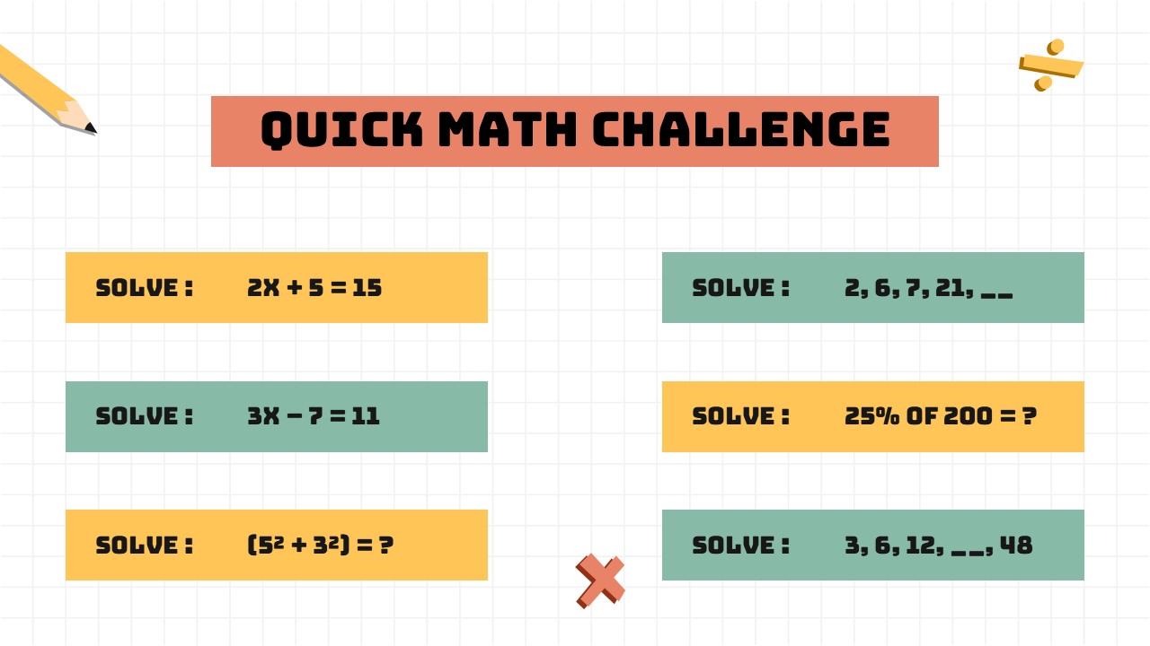 Math Quick Challenge Template - Six-problem grid with algebraic equations and interactive learning elements