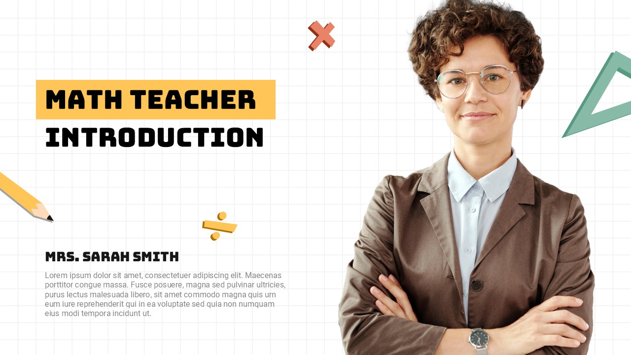 Math Teacher Introduction Template - Professional educator portrait with biographical content and credentials