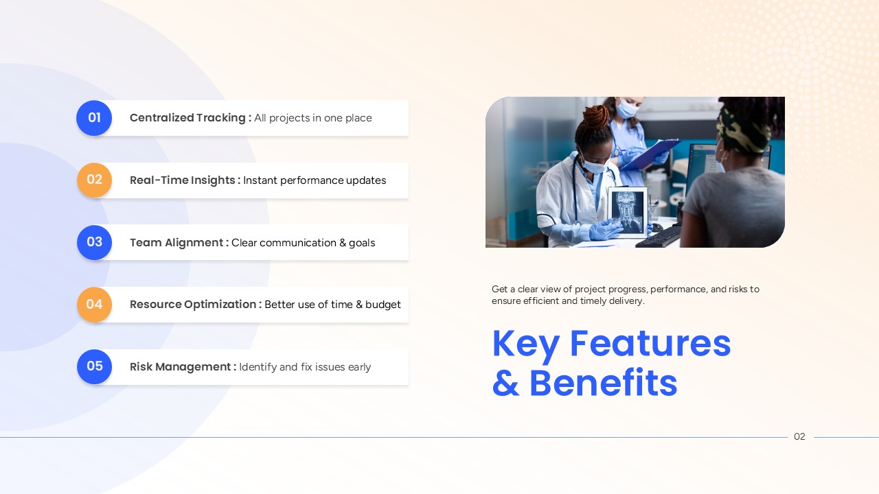 Medical Report Template - Five numbered features from tracking to risk management with medical team imagery