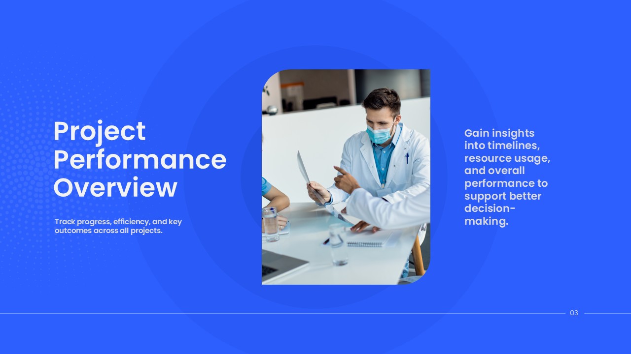 Medical Report Template - Performance insights presentation with blue background and healthcare imagery
