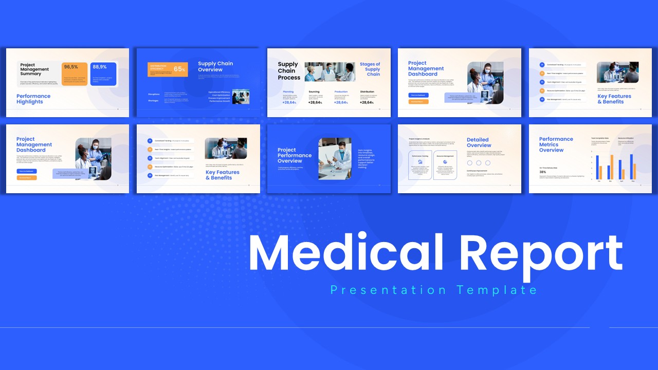 Medical Report Template - Grid showcasing 11 professional slides from dashboards to analytics in blue theme