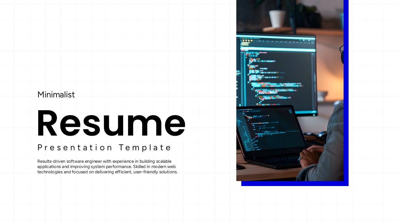 Minimalist Resume Google Slides - Split-screen design merging professional coding workspace with clean presentation layout
