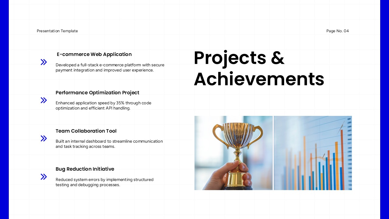Minimalist Resume Projects Template - Achievement-focused layout with success symbolism through trophy and chart graphics