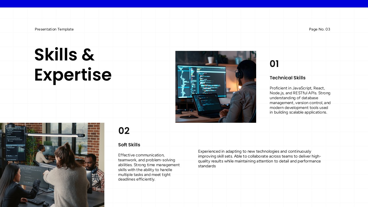 Minimalist Resume Skills Template - Numbered sections organizing technical and soft skills with coding environment visuals