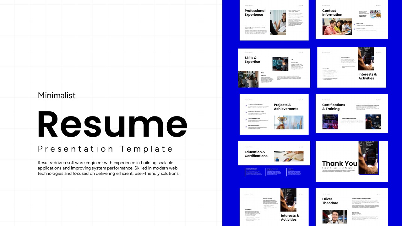 Minimalist Resume Template - Clean cover showcasing blue-accented professional presentation with thumbnail previews