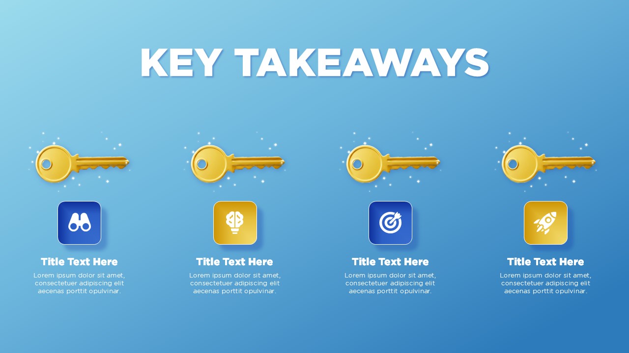Four small 3D golden keys arranged horizontally above individual icon-based text blocks for concluding data points