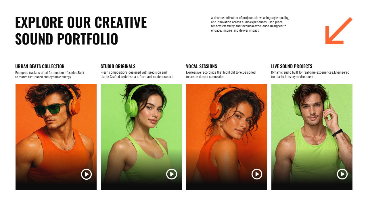 Music Company Profile Template - Portfolio showcase slide to display your music projects and genres