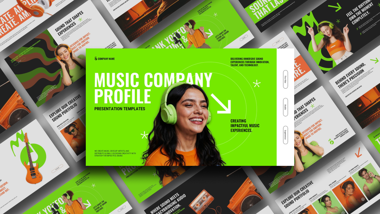 Music Company Profile Template - Complete 11-slide presentation overview for audio and entertainment businesses