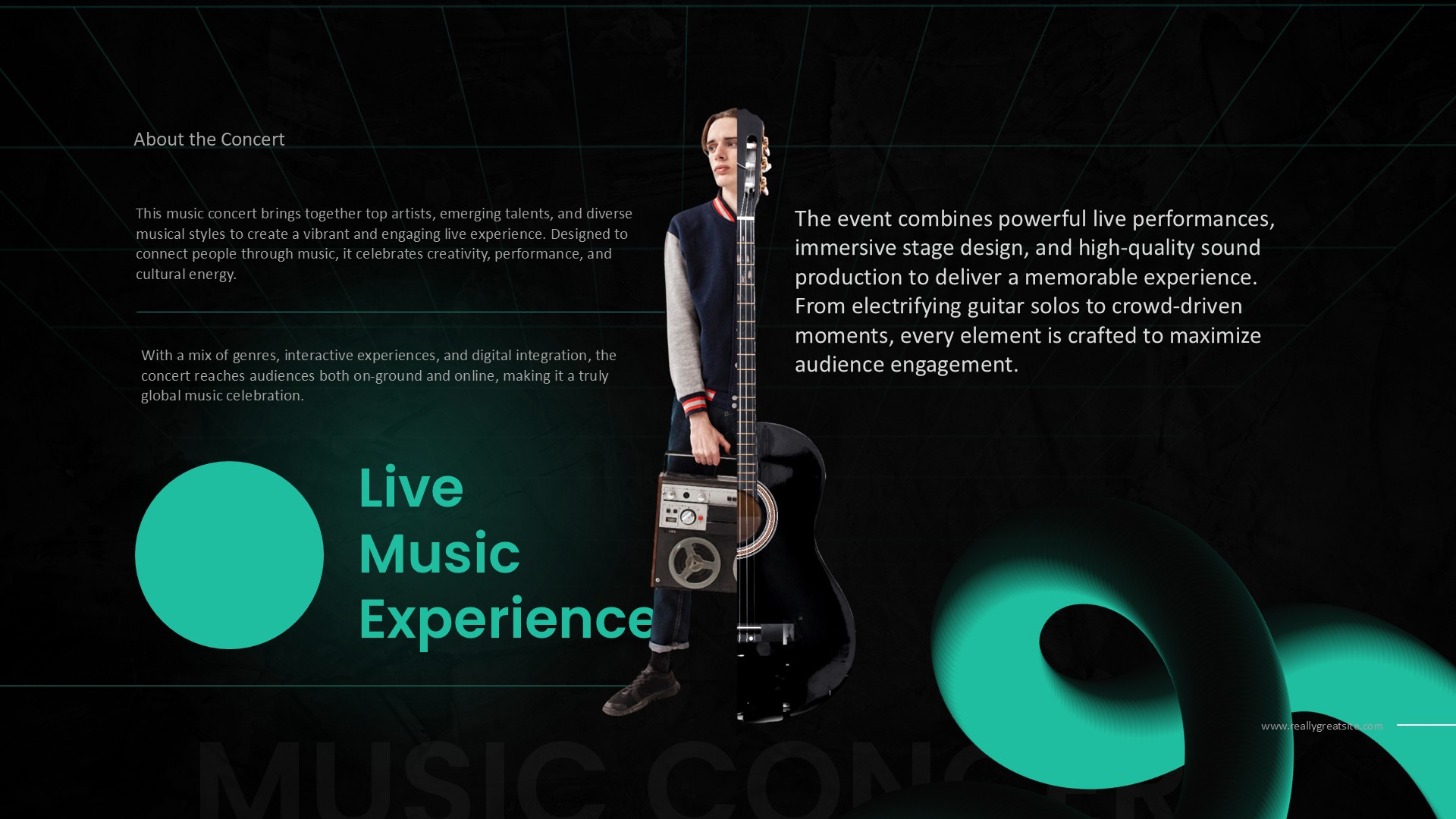 Music Concert About Template - Concert overview slide with two-column text and bassist performance image