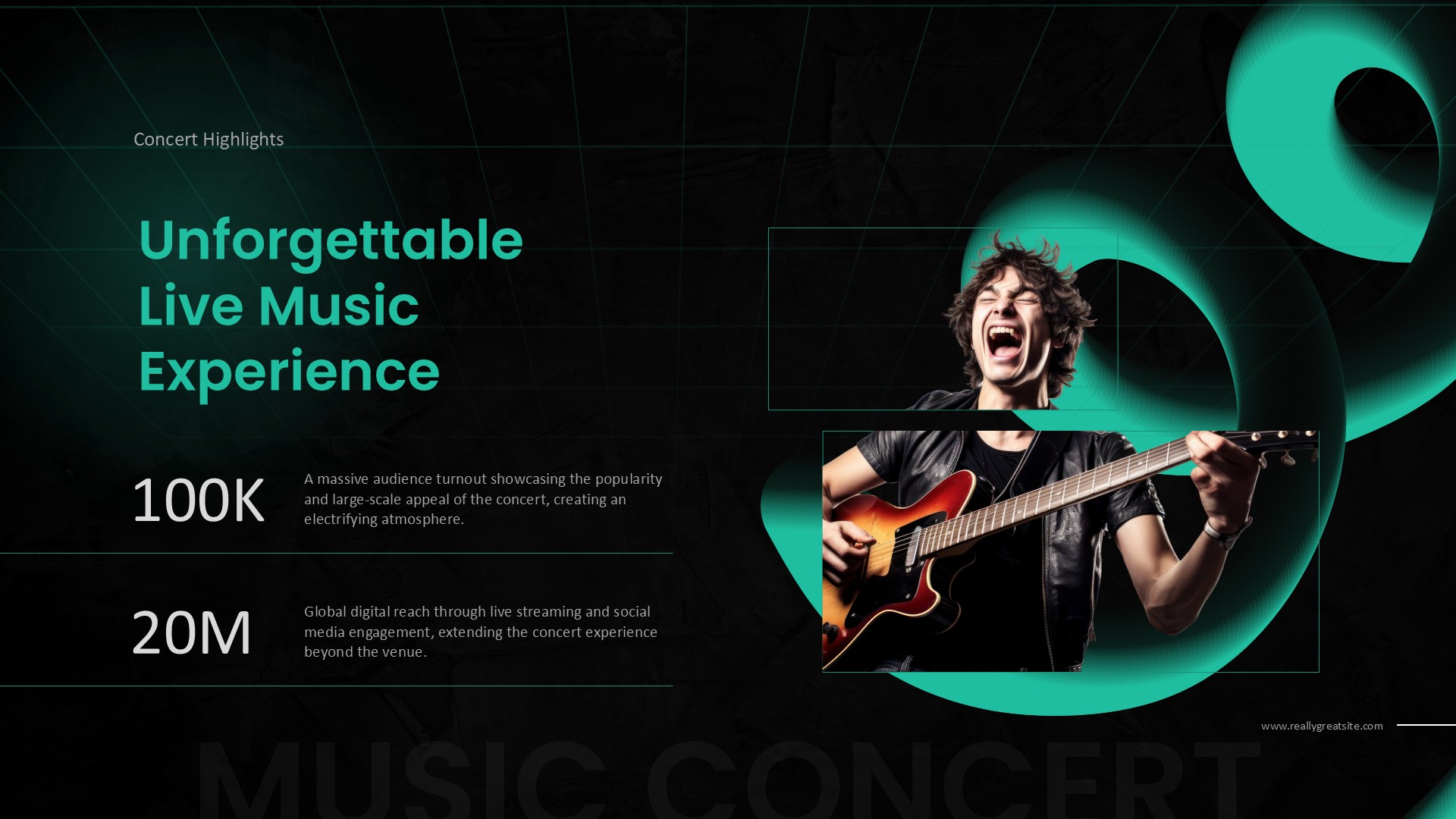 Music Concert Statistics Template - Audience metrics slide showing 100K turnout and 20M digital reach