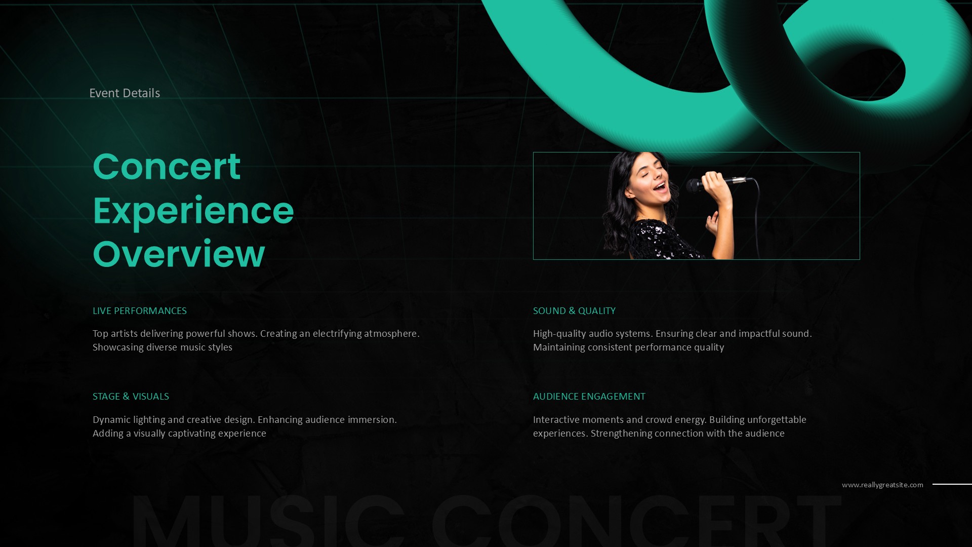 Music Concert Breakdown Template - Four-section overview of performances, sound, visuals and engagement