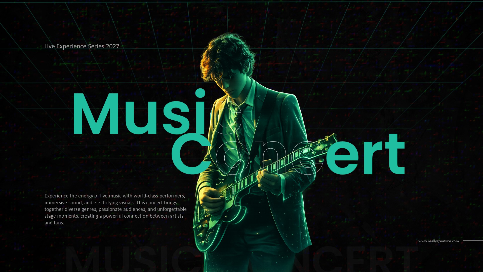 Music Concert Google Slides Template - Live Experience Series 2027 introduction slide with guitarist