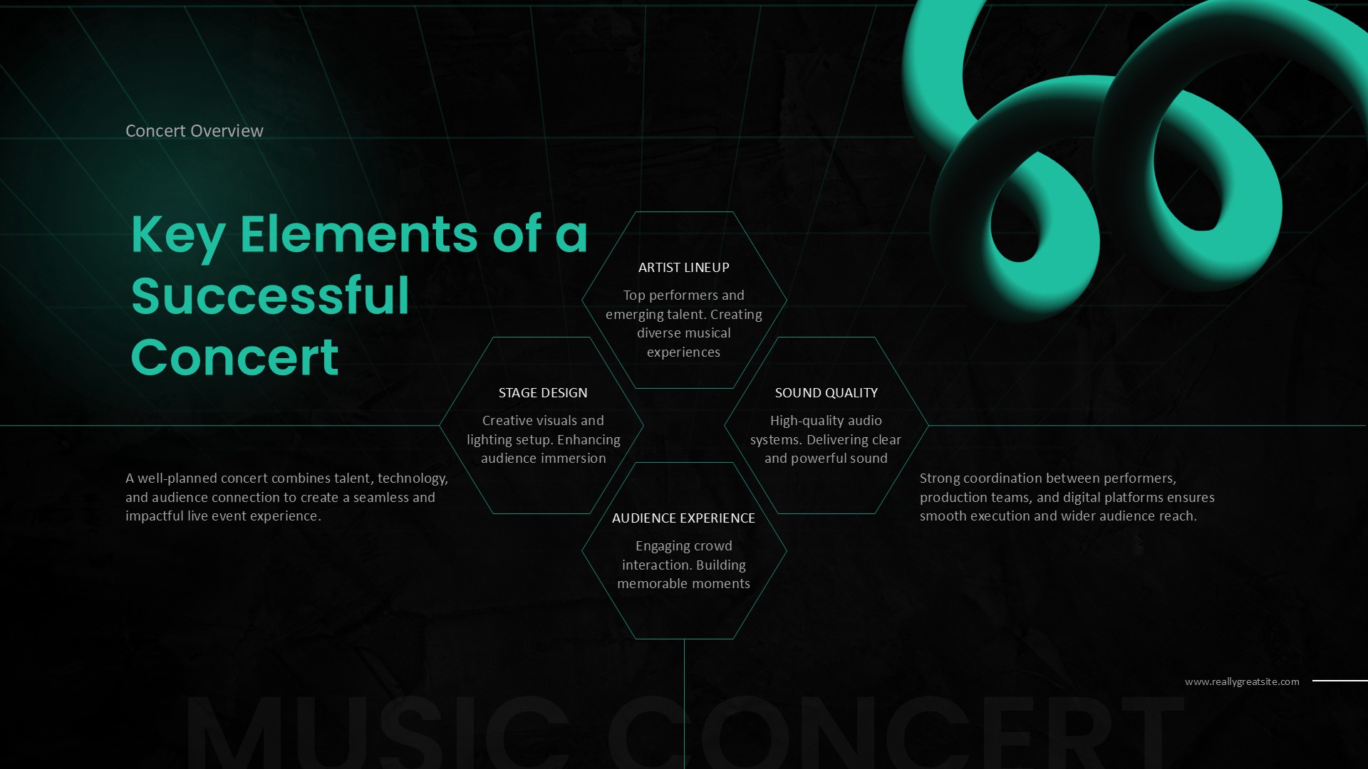 Music Concert Elements Template - Hexagonal diagram showing successful concert components and planning