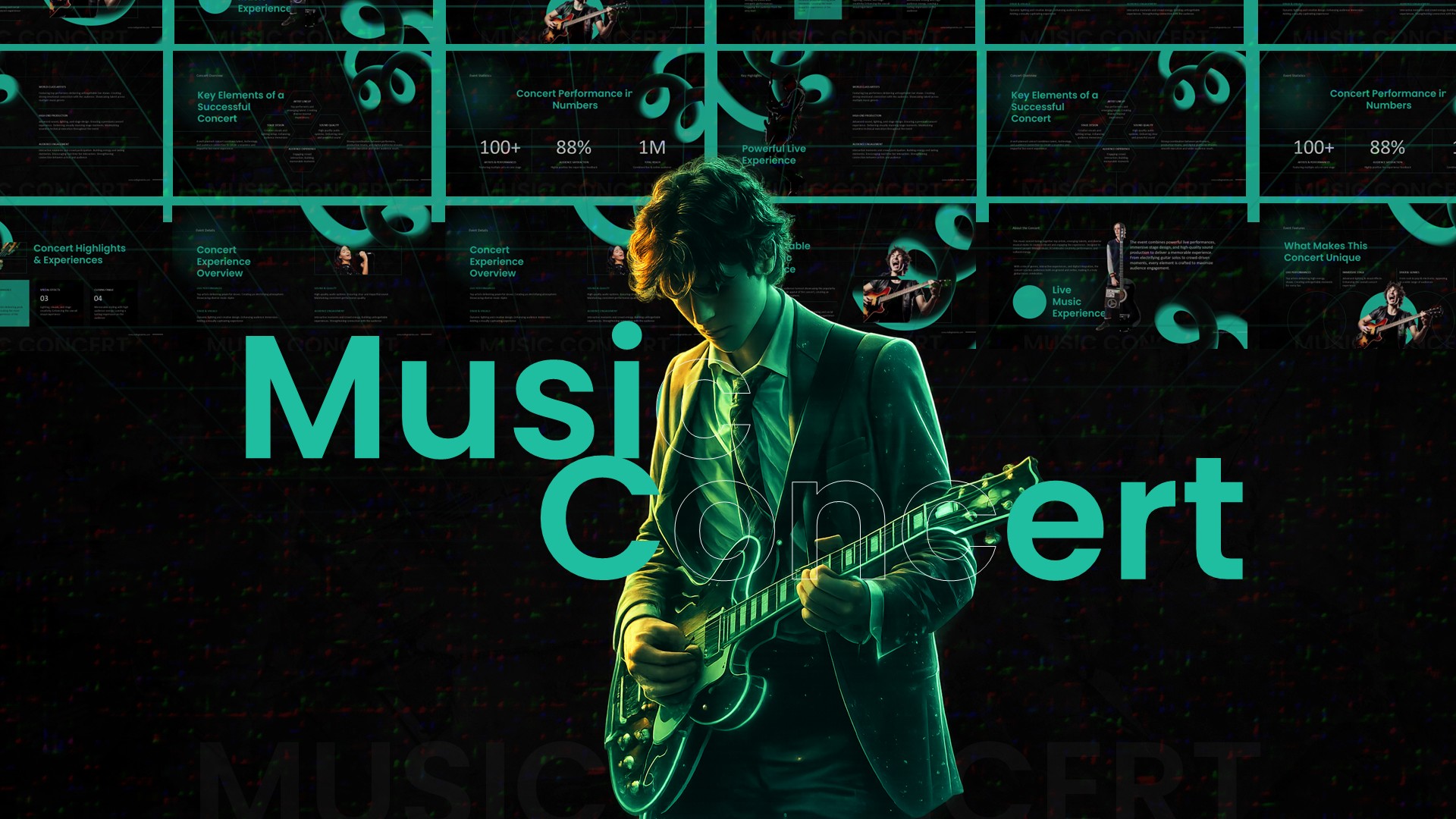 Music Concert Template - Dynamic cover slide with guitarist and green accents for presentations