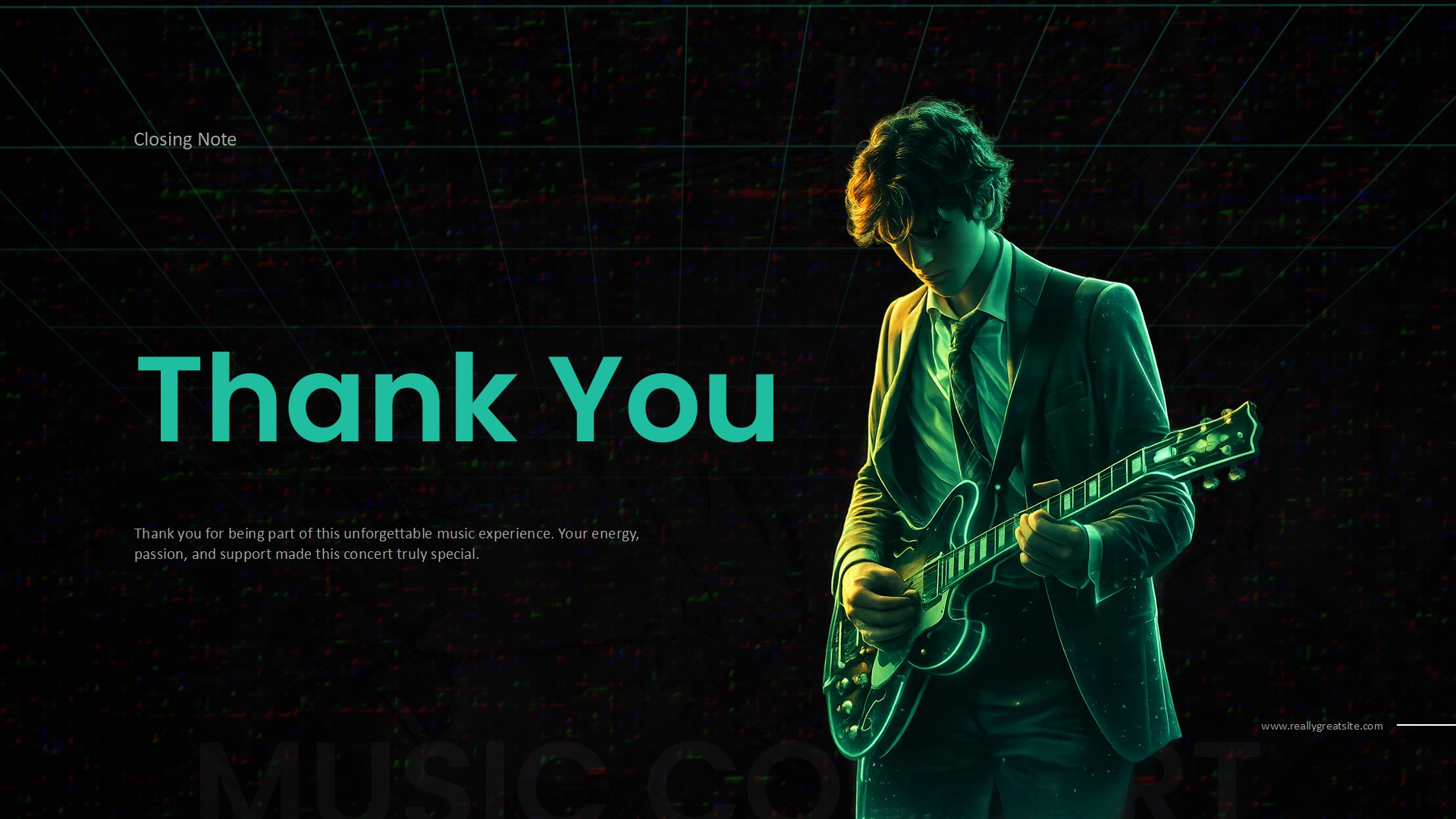 Music Concert Thank You Template - Closing slide with guitarist image and gratitude message