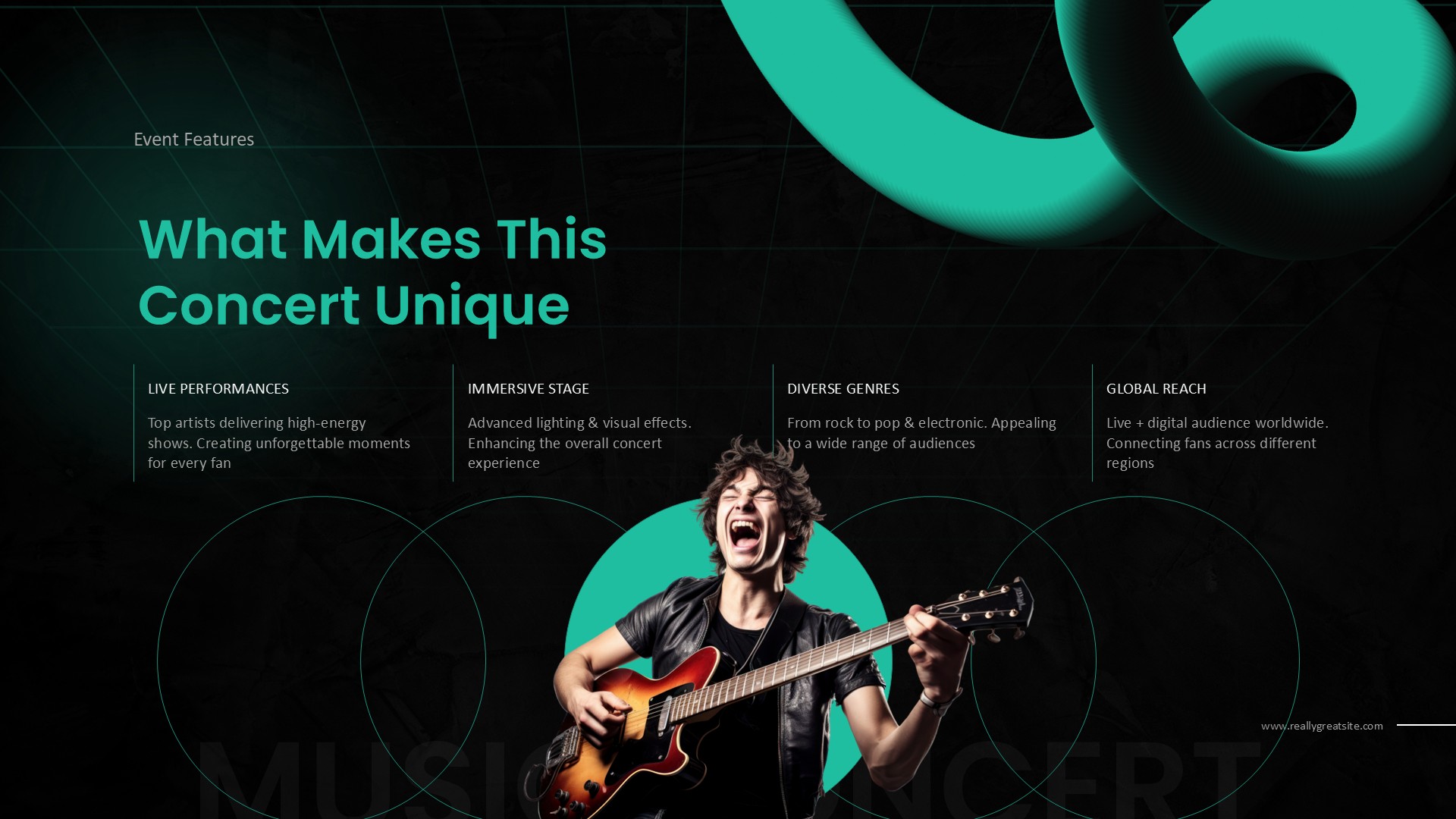 Music Concert Features Template - Grid layout showing live performances and immersive stage elements