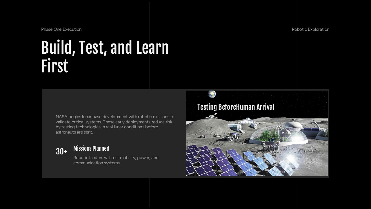 NASA Moon Base Template - two-section slide showing robotic mission strategy with lunar base testing illustration