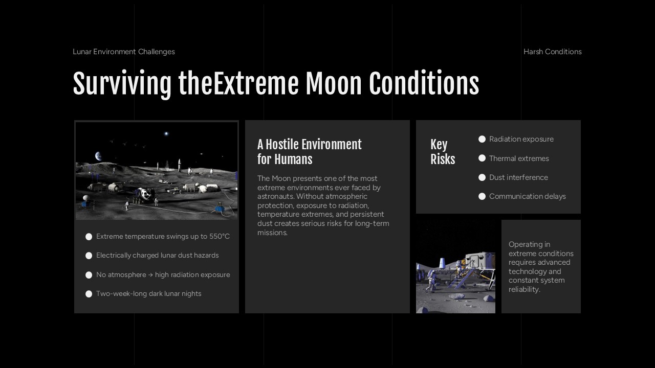 NASA Moon Base Template - four-panel grid layout detailing lunar environmental challenges and survival requirements