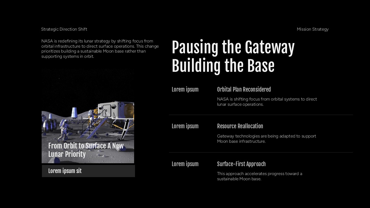 NASA Moon Base Template - mixed layout slide with astronaut illustration and three text sections about orbital plans
