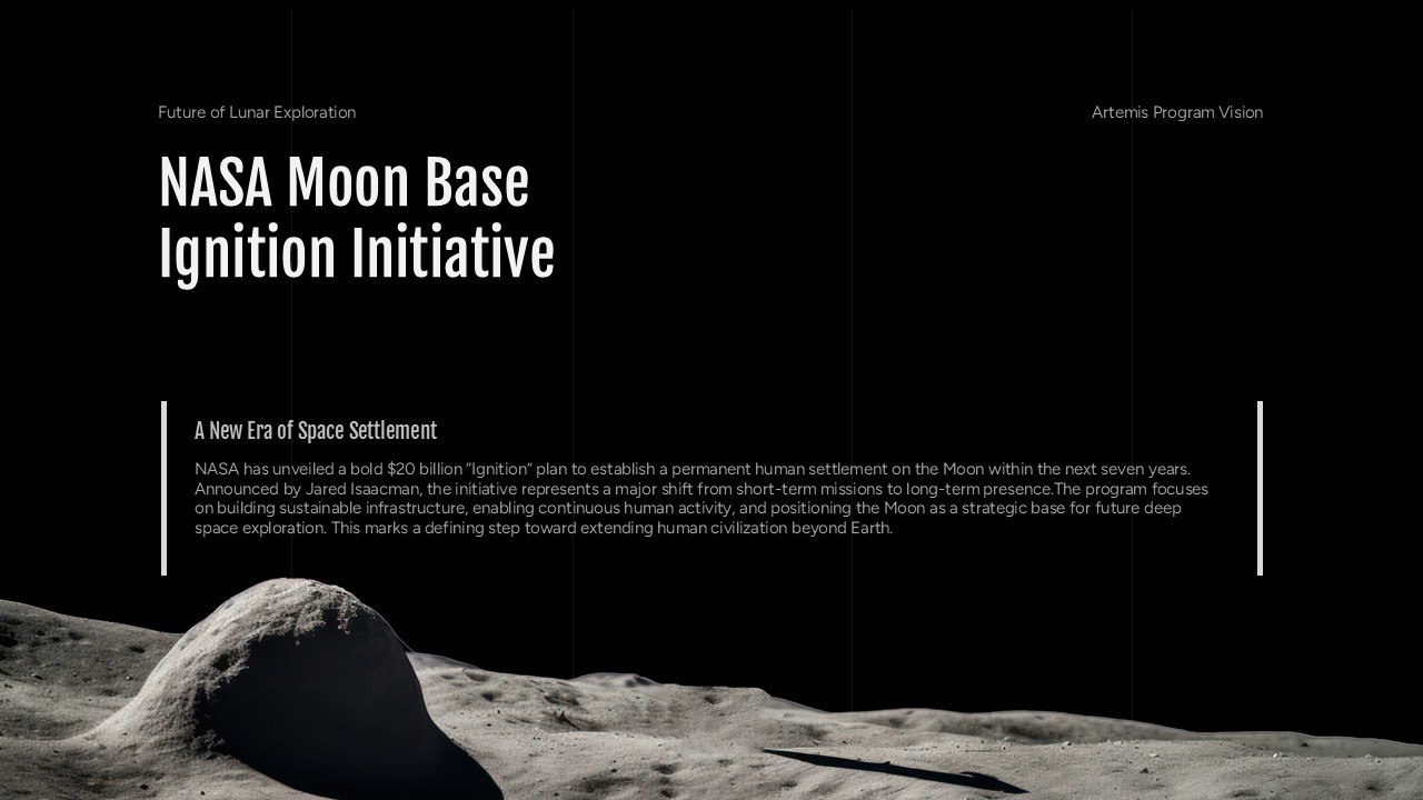 NASA Moon Base Template - two-column content slide with initiative text and lunar surface photograph