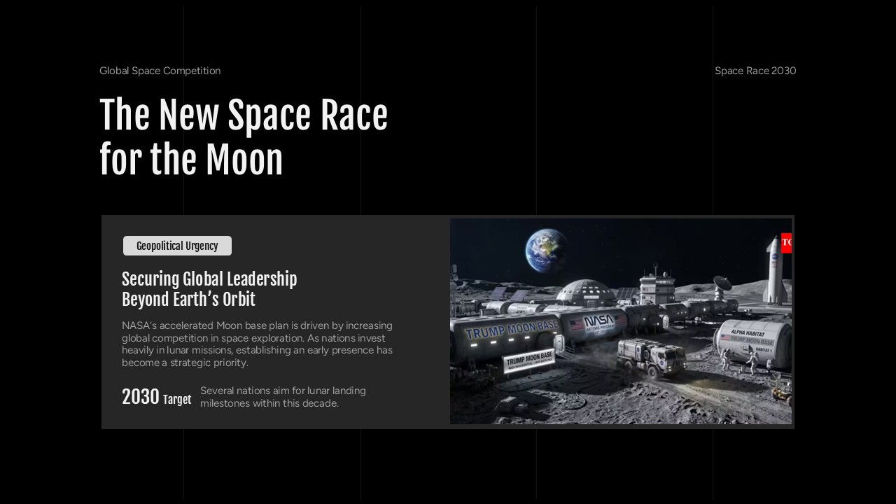 NASA Moon Base Template - slide with conceptual lunar base image showing structures and vehicles on Moon surface